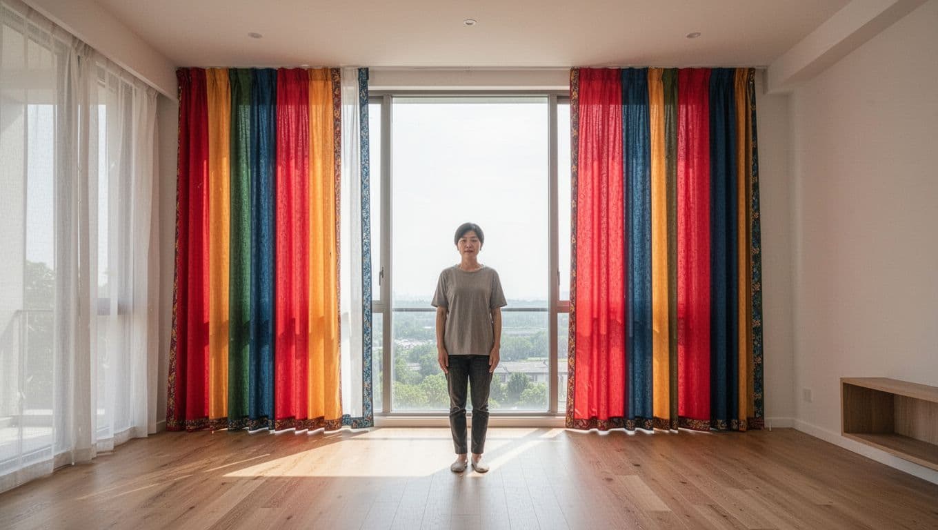High-end custom curtains used for many years remain vibrant and unfaded, hanging perfectly on floor-to-ceiling windows in a bright, spacious living room with natural sunlight, wooden floors, and simple decor.