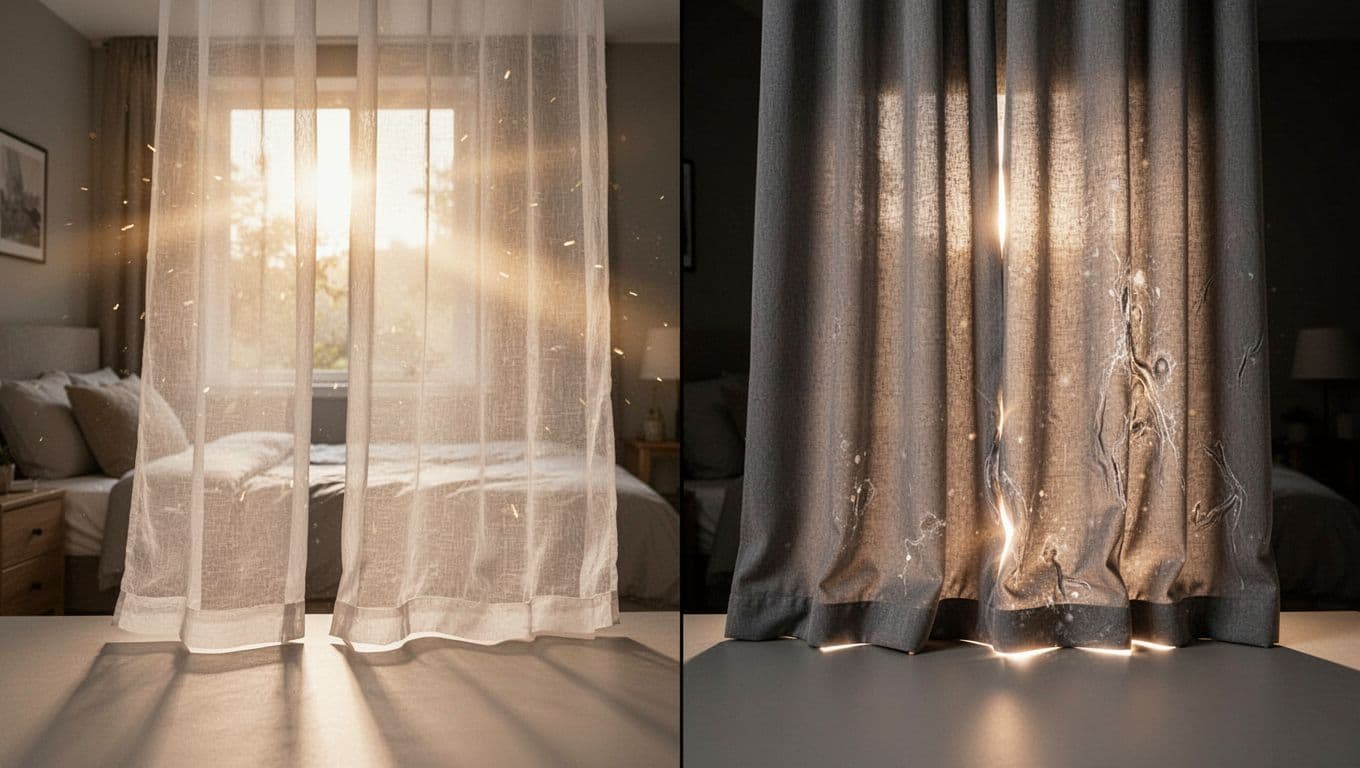 低預算訂製窗簾:遮光等級怎麼選睡得香 Split-scene comparison of flawed curtain fabrics: left shows thin sheer gauze allowing bright sunlight into a bedroom, right displays synthetic fiber with light gaps and wrinkles, emphasizing transparency and poor density.