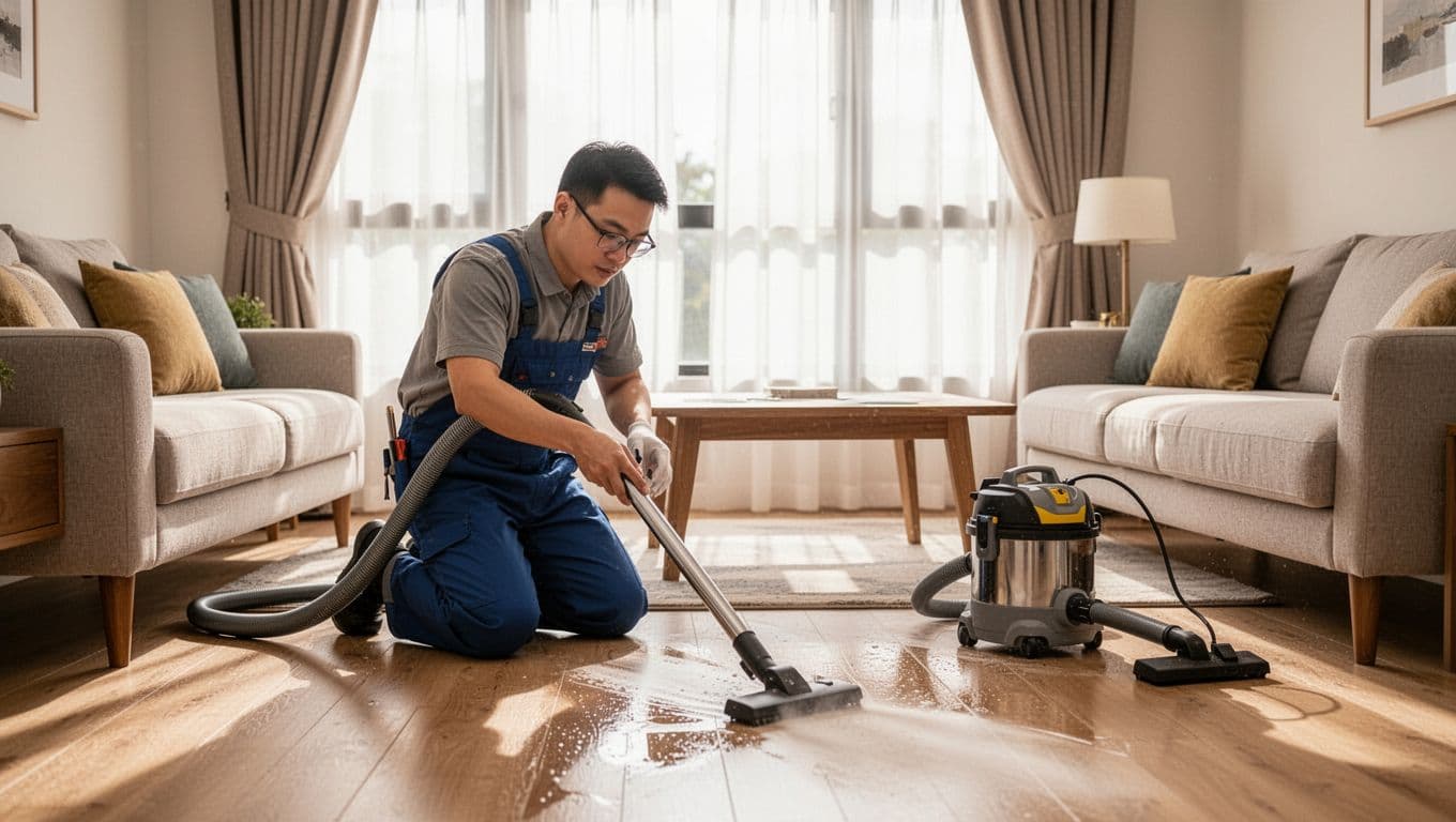A professional worker kneels on a spotless bright living room floor, meticulously checking furniture like sofas and coffee tables for correct placement while vacuuming the final corners. The warm, tidy space features new custom curtains and natural sunlight streaming in.