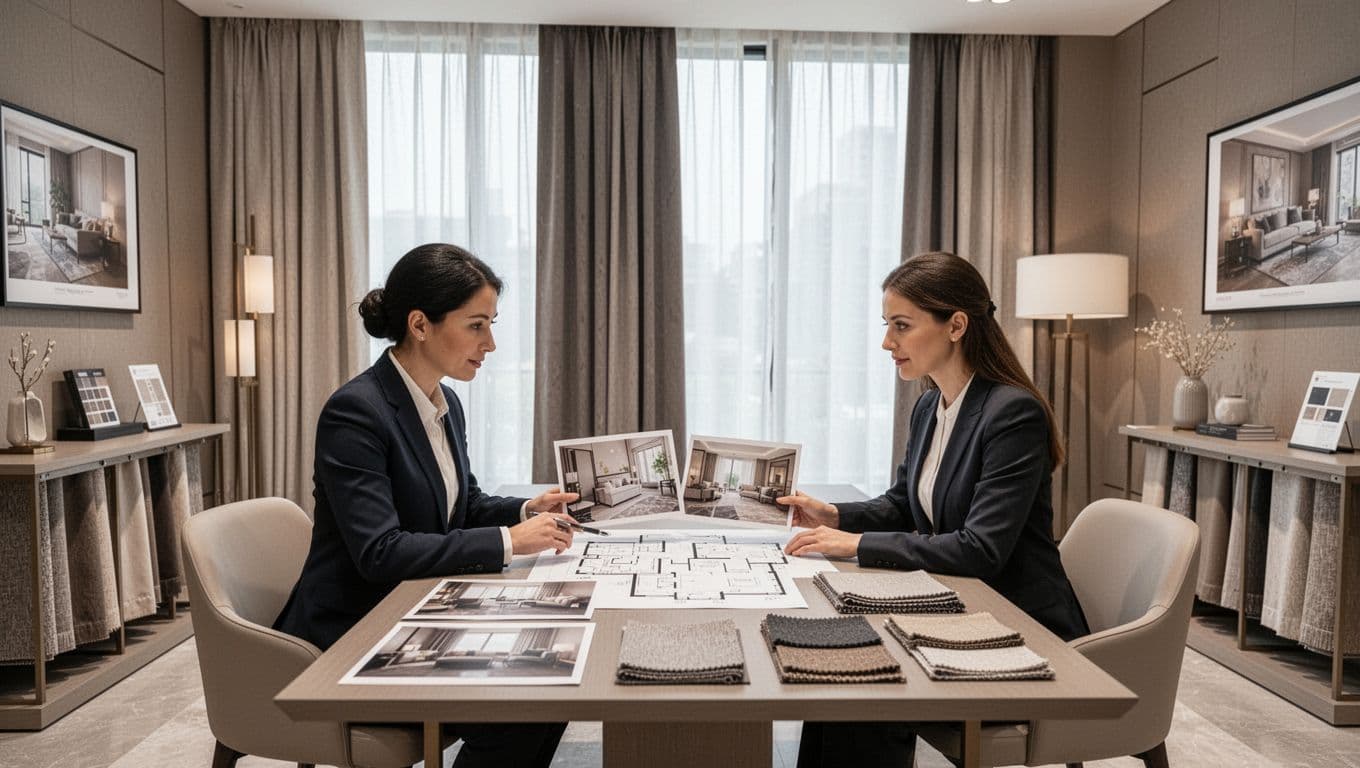 A professional curtain design showroom interior features one designer and one client seated at a table, reviewing room photos, floor plans, furniture images, and fabric swatches that match wall colors, flooring, and space proportions for hotel-like elegance. Soft natural light from large windows with sample curtains illuminates the modern minimalist decor in neutral tones, emphasizing high-end collaboration.