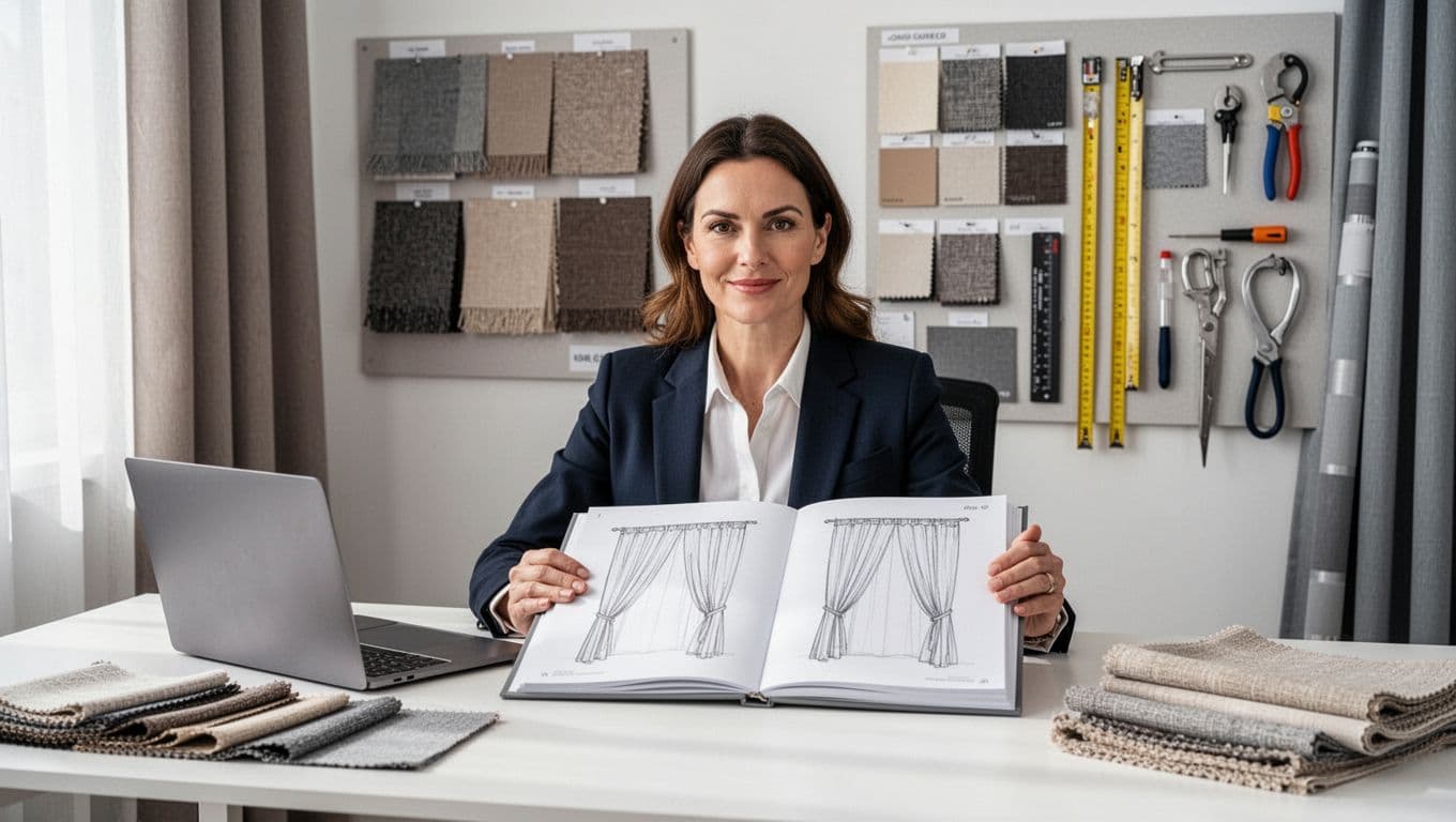 訂製窗簾店家怎麼選?10個指標讓你第一次就找對 An experienced designer in professional attire sits confidently at a clean desk in a bright modern custom curtains studio, holding an open portfolio album with curtain sketches, alongside a laptop and fabric swatches. The background features mood boards with pinned fabric samples, measuring tools, and soft window light, creating a trustworthy professional atmosphere.