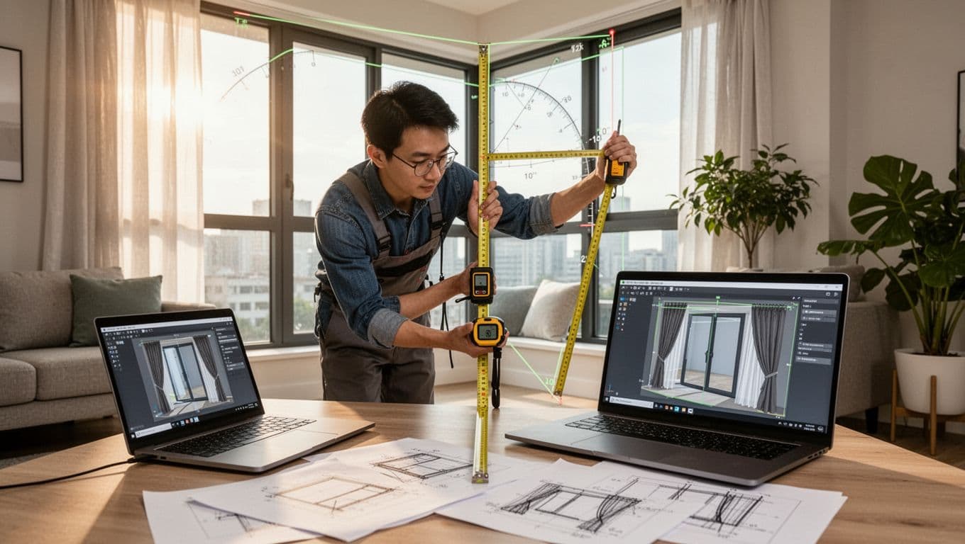 特殊窗型訂製窗簾會貴多少?轉角窗、弧形窗費用解析 A professional curtain master in a modern living room precisely measures an L-shaped corner window using a tape measure and laser rangefinder, with a laptop showing 3D curtain designs nearby in a bright, sunlit home.