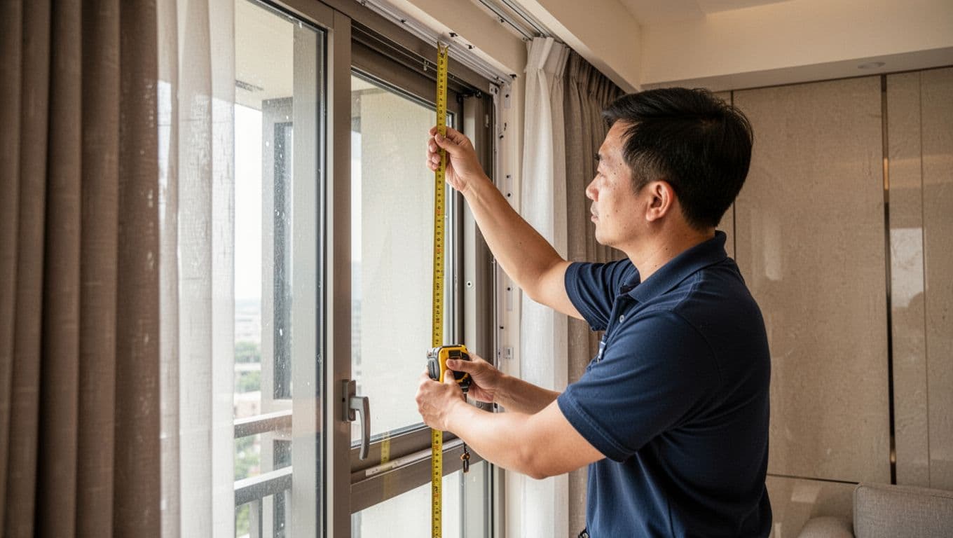 訂製窗簾丈量含不含?合約要寫清楚哪些條款 A professional curtain installer carefully measures a living room window using a tape measure, checking frame dimensions, installation positions, and obstacles for custom curtains. The realistic scene features warm natural light, modern home decor, and detailed focus on the fitter's precise work.