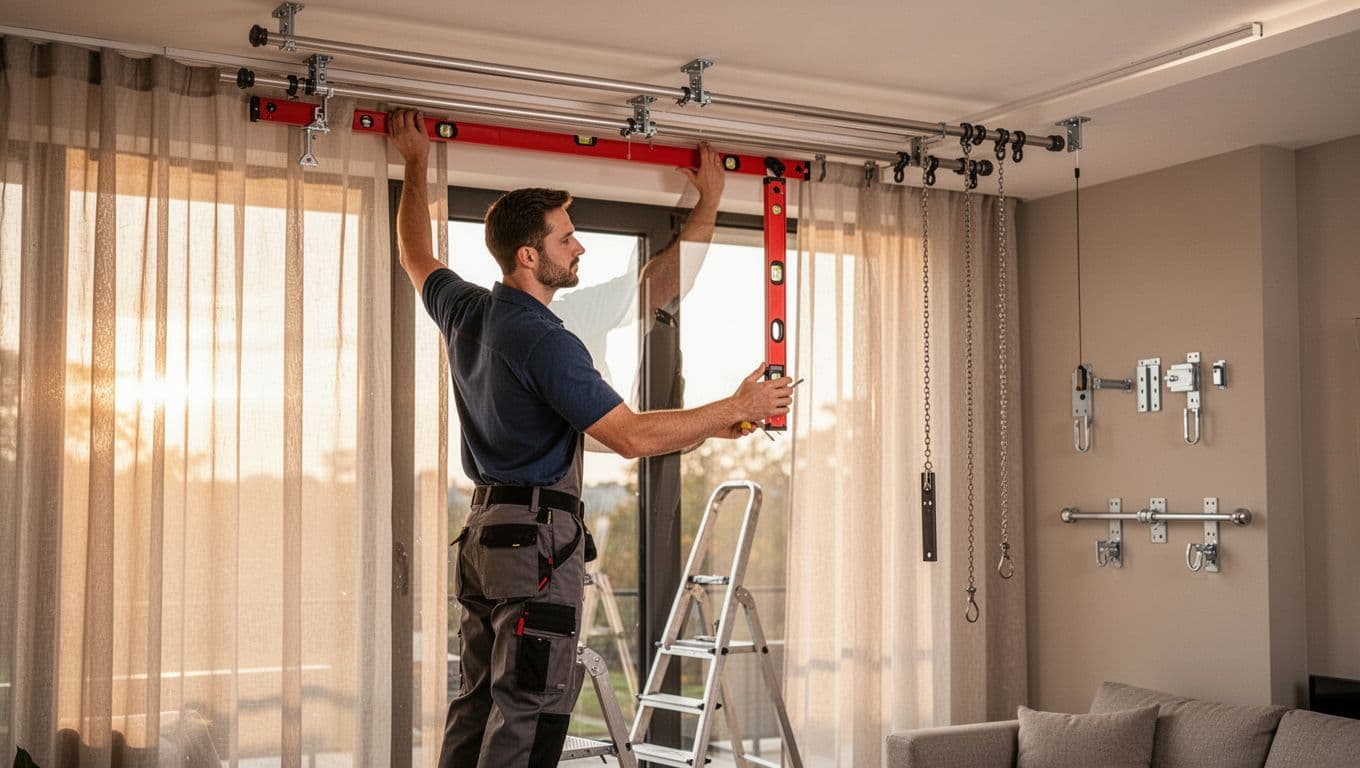 訂製窗簾丈量含不含?合約要寫清楚哪些條款 A single professional curtain installer in neat uniform installs a double curtain track on a contemporary living room ceiling near a large window, using a ladder and level tool, with soft afternoon light through sheer curtains.