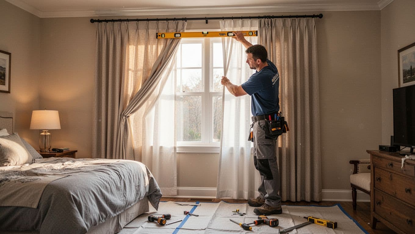 A professional installer in a cozy bedroom checks the alignment of newly installed custom curtains using a level tool on the track, gently adjusting fabric pleats. Soft morning light through half-open curtains highlights the light-blocking effect and satisfied completion mood.