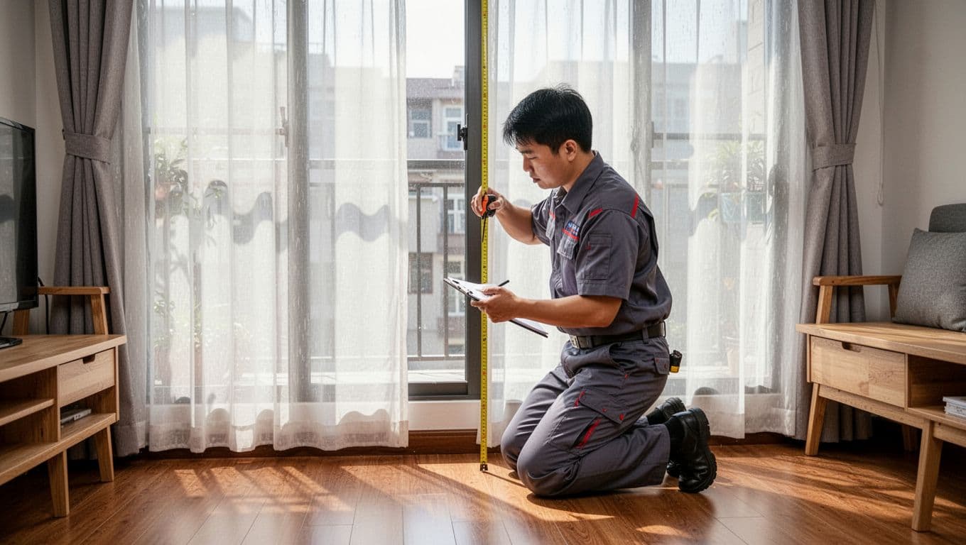 訂製窗簾店家怎麼選?10個指標讓你第一次就找對 A professional curtain installer in neat uniform kneels precisely measuring a large modern living room window with a tape measure, noting dimensions on a notepad in a cozy Taiwanese apartment.