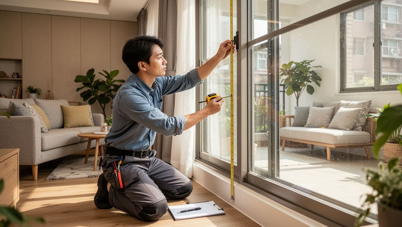 訂製窗簾報價很便宜,可能少了哪些項目 A professional curtain installer kneels by a large living room window in a modern Taiwanese home, carefully measuring with a tape measure while a notepad lies nearby. The cozy background features a sofa, plants, and natural daylight, conveying a precise and professional mood.