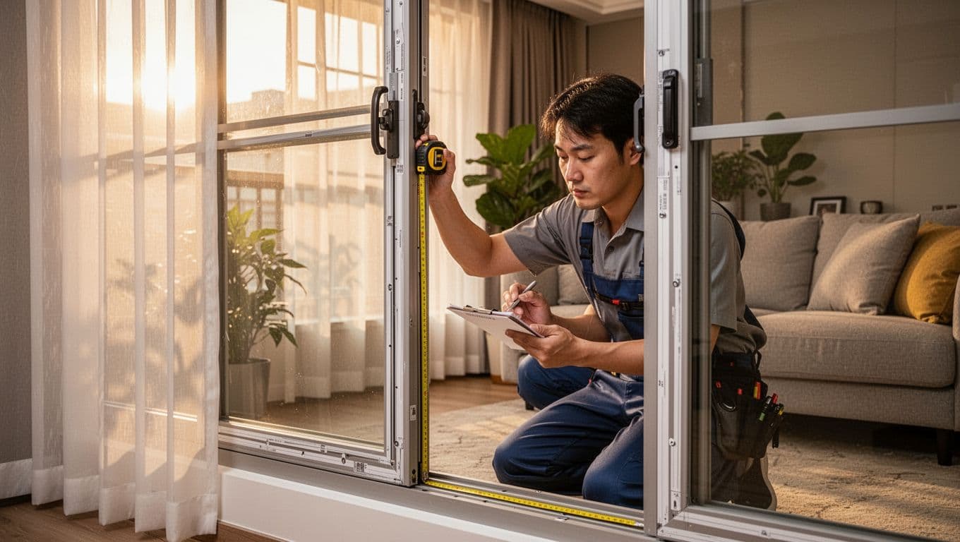 訂製窗簾付款要不要分期?常見流程與判斷要點 Photorealistic scene of one professional curtain installer measuring a large window in a modern Taiwanese living room using a tape measure and notepad, with warm afternoon light and cozy background details.