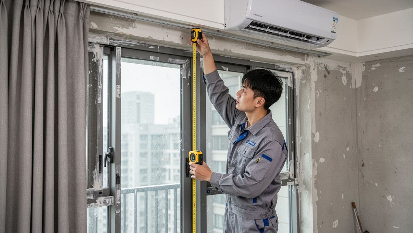 訂製窗簾丈量含不含?合約要寫清楚哪些條款 A professional curtain installer in a modern living room uses a tape measure and level to precisely check reference points from ceiling to floor, inspecting the window frame inner edge and curtain box position. He wears work clothes, stands naturally with one hand relaxed on tools, against an unfinished renovation background under soft indoor lighting, in a realistic photo style with detailed focus on the measurement process.