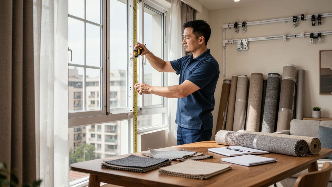 In a bright modern living room, a professional installer stands by the window holding a tape measure to gauge the frame, with fabric samples, notebook on the table, and curtain tracks and rolls in the background. Realistic style with high detail, warm tones, soft natural light, focusing on the technician and window details.