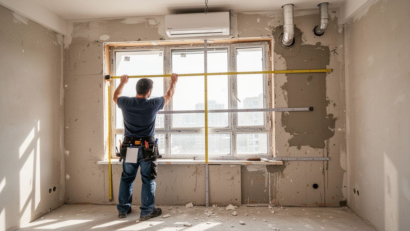 In a modern apartment living room under renovation, a professional curtain installer measures a large window frame using a yellow tape measure, noting details like window sill depth, notepad in pocket, uneven drywall patch, AC pipe, and construction dust on the floor with bright natural daylight.