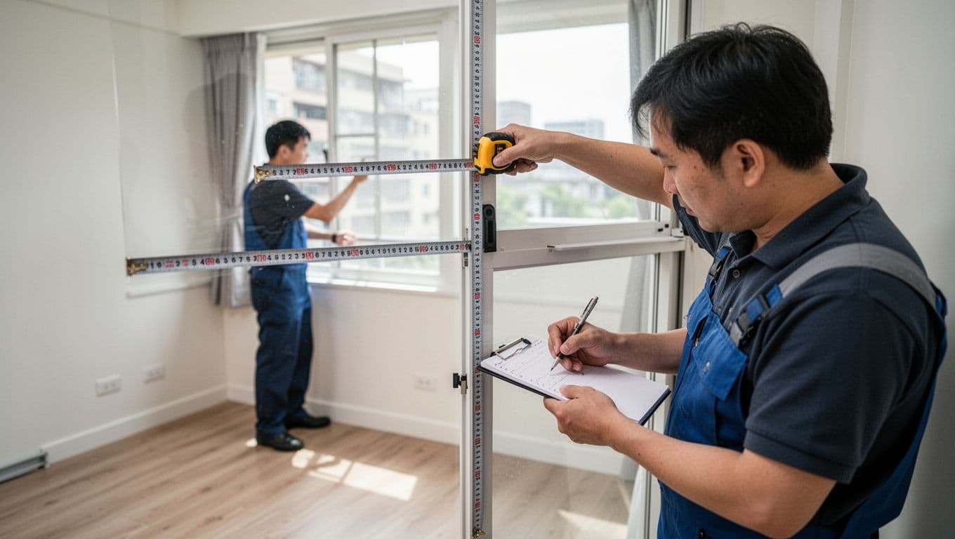 一位專業窗簾師傅正在台灣現代客廳中測量標準長方形窗戶的寬度和高度。他用捲尺從窗框一側拉到另一側，另一手拿著筆記本和鉛筆記錄數字。房間有淺色木地板、白牆壁，窗戶透入自然日光。