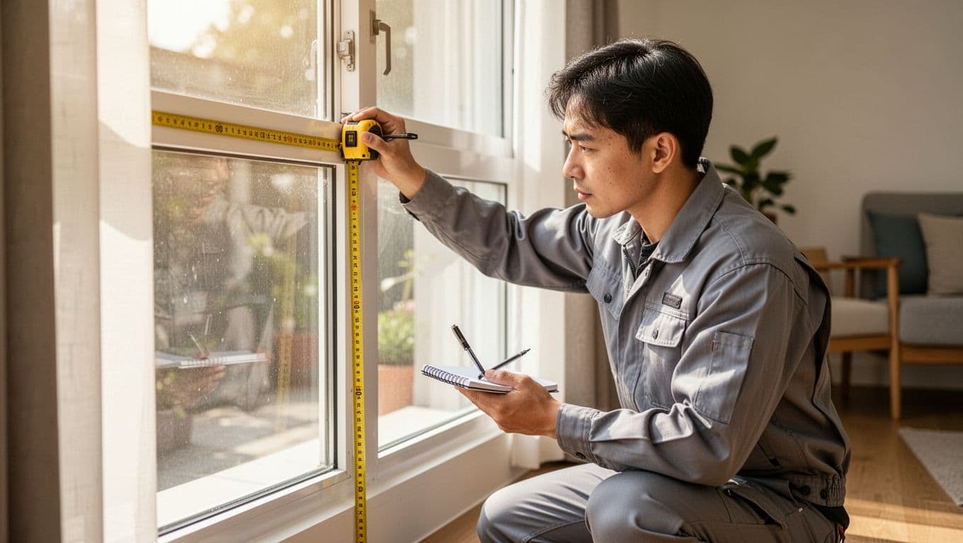 A professional curtain installer kneels in a bright living room, measuring a standard rectangular window's width and height with a yellow tape measure while recording notes in a small notebook. The scene features modern furniture, soft natural sunlight, realistic photography style, high resolution, and clear focus on tools and window details with soft background bokeh.