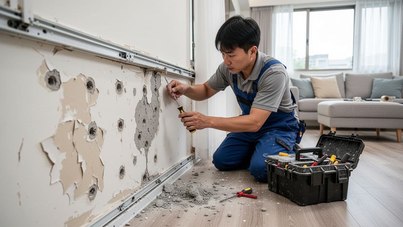 A professional curtain master in a modern Taiwanese living room carefully removes an old curtain track with a screwdriver, exposing multiple wall holes, powdery damage, and peeling surfaces amid dust and tools.