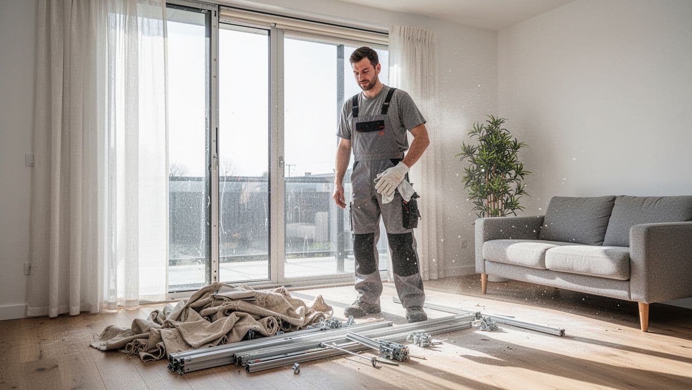 A professional curtain installer in neat uniform stands relaxed in a sunny modern living room after removing old roller blinds from a floor-to-ceiling window, with debris piled on the floor and dust in the bright daylight.