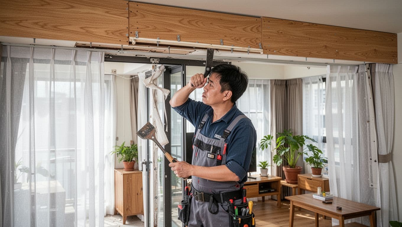 A professional curtain installer in work clothes carefully removes a wooden valance or cornice board above a large living room window in a modern Taiwanese apartment, using a pry bar to expose hidden screws without damaging the wood.