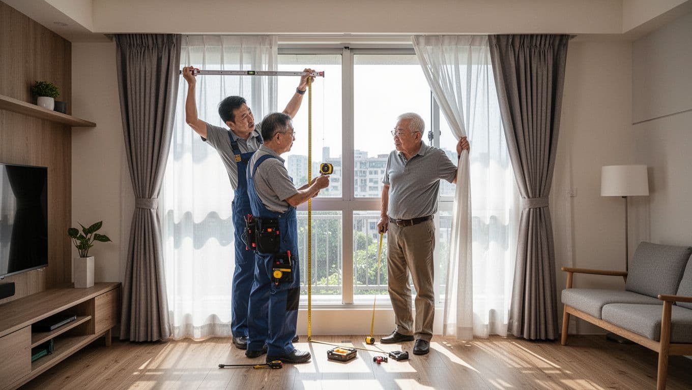 一位專業窗簾師傅和一位台灣中年男性屋主在明亮現代台灣客廳共同驗收訂製窗簾。師傅右手持水平儀檢查軌道水平，左手持捲尺量窗簾高度；屋主拉動窗簾測試滑順度。兩人專注合作，背景大窗戶陽光灑入，木地板和簡約家具。