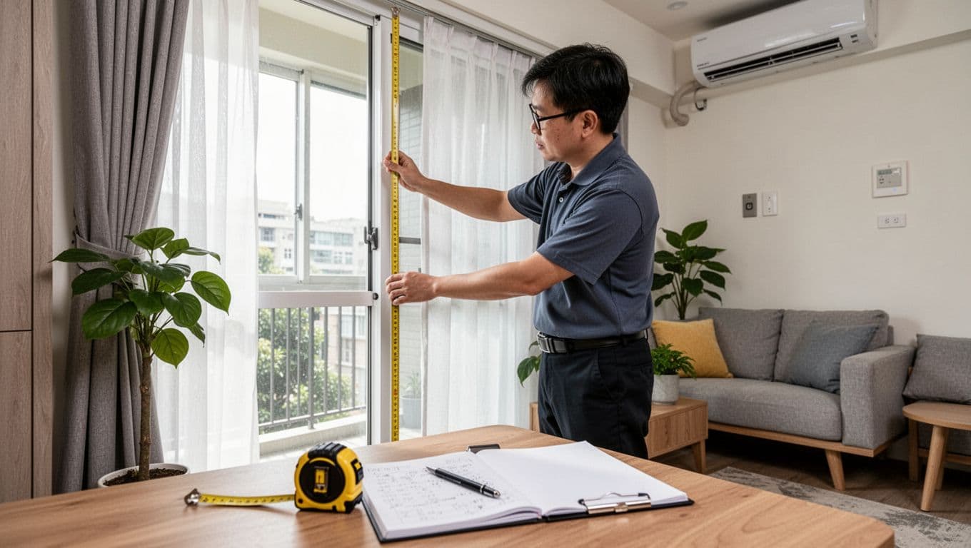 A professional master uses a tape measure to precisely measure windows for custom curtains in a modern Taiwan living room, carefully checking air vents, outlets, furniture clearance, and robot vacuum height. The clean, brightly lit scene features natural daylight, sofa, plants, with notebook in foreground and no additional people or text.