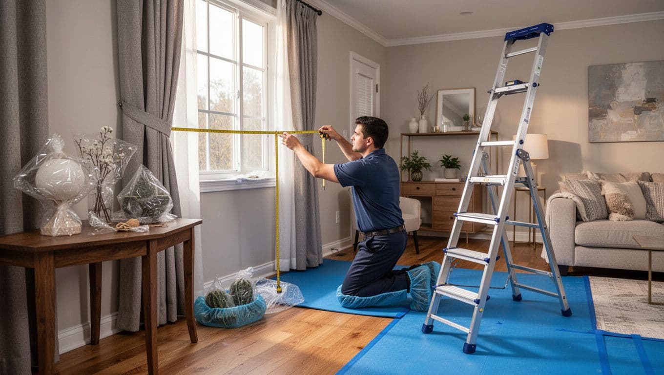 A single worker wearing shoe covers kneels near a window in a cozy modern living room, extending a tape measure to the frame without touching walls. Protective blue mats cover the floor, fragile decorations are moved aside, ladder positioned safely, with soft natural light highlighting the careful custom curtain measurement process.