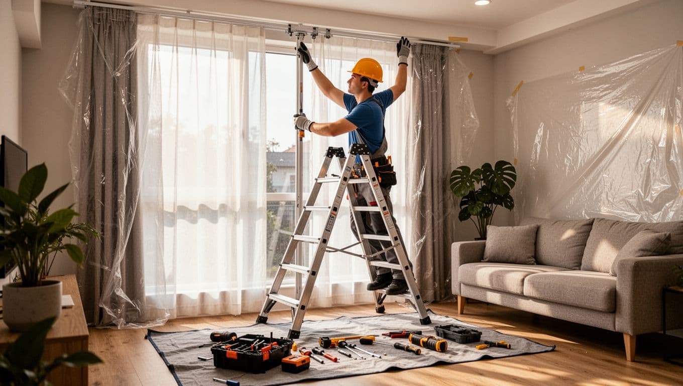 訂製窗簾合約要寫什麼?尺寸材質時間全條款,避免爭議 A photorealistic image of one installer in a bright living room carefully mounting curtain tracks on a window frame using a stable ladder, wearing safety helmet and gloves, with organized tools on a drop cloth and protective sheets on walls.