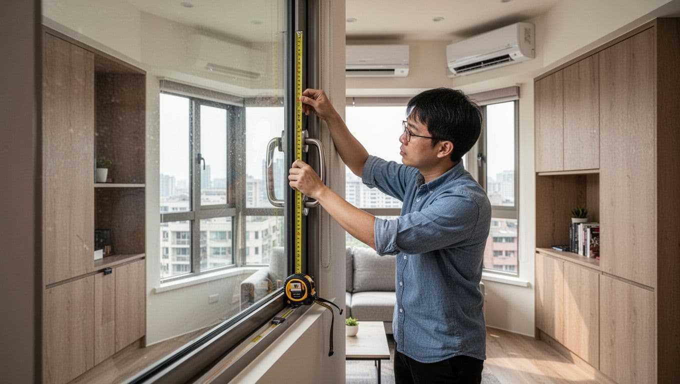 A professional interior designer measures the depth of a bay window frame using a tape measure at home, inspecting beams, AC outlet, and surrounding furniture in a realistic modern apartment photo with natural daylight, high detail, and depth of field.