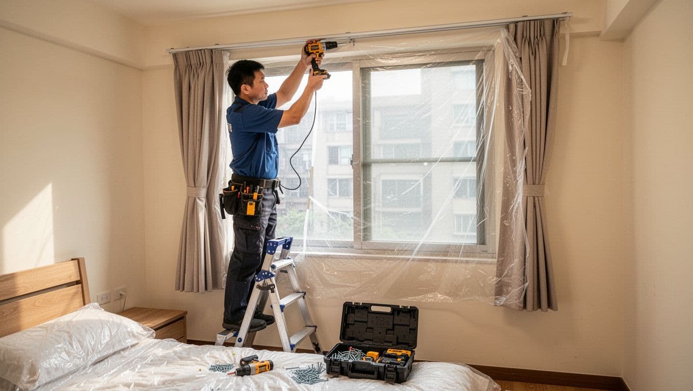 Realistic photo in a bright Taiwanese home interior of one professional installer on a short ladder using a power drill to install a curtain track above a bedroom window, with toolbox and screws below and window partially covered by plastic sheet.
