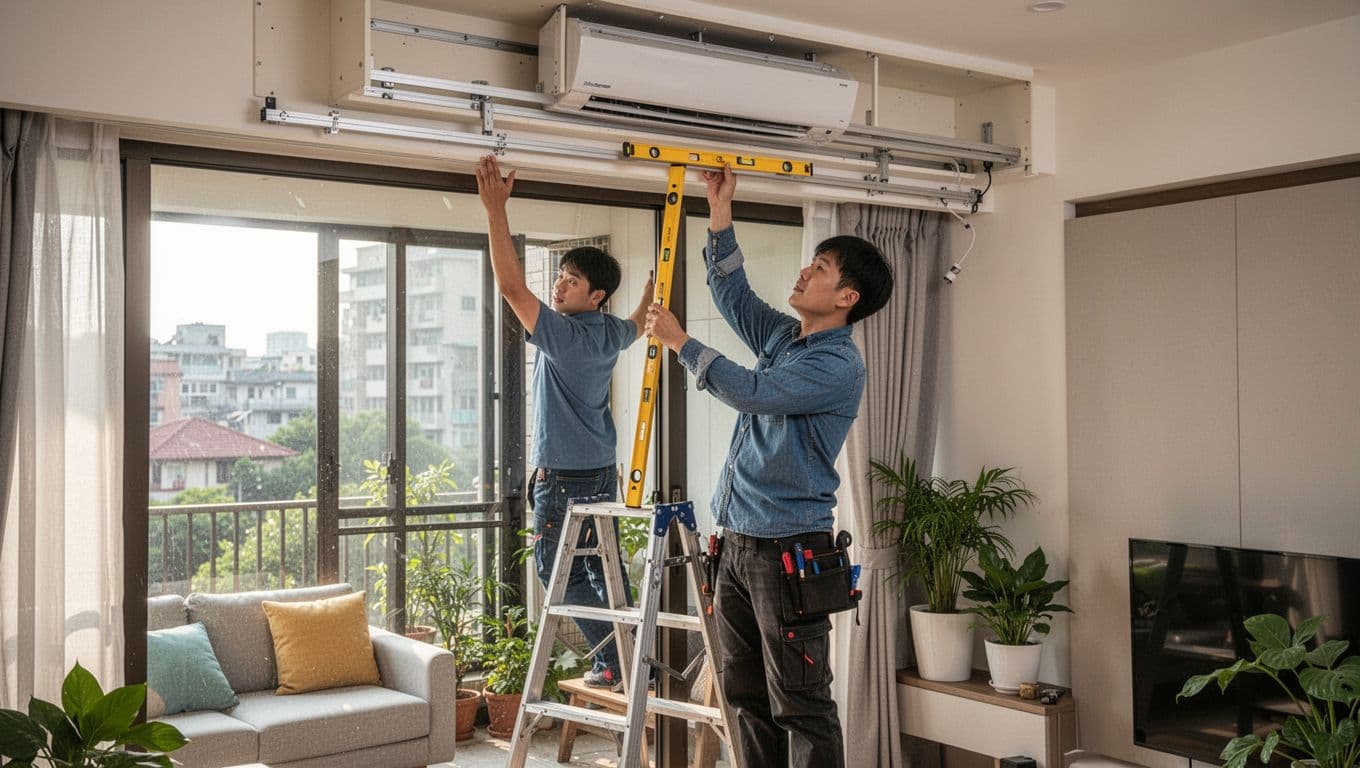 A professional installer on a short ladder mounts aluminum curtain tracks into a window frame in a modern Taiwanese living room, using a bubble level to check alignment, with a curtain box above and cozy room details.