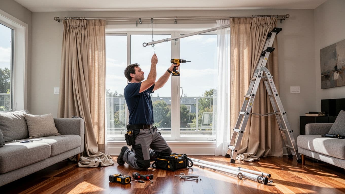 A professional installer kneels in a modern living room to mount a long curtain track above large windows, using a drill to adjust screws while steadying the track, with new beige curtains and tools nearby on the hardwood floor under sunlight.