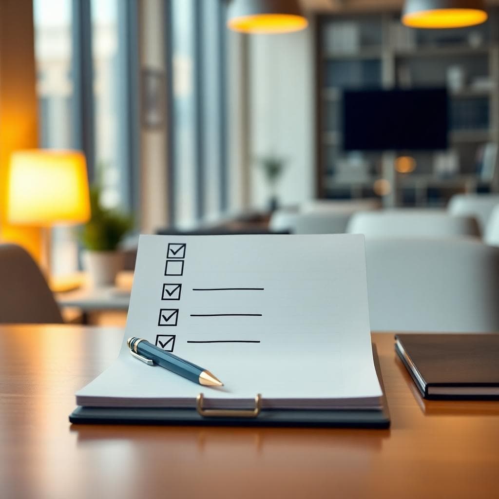 AI 生成圖:專業領導檢點表在桌面上的清單模板,溫暖燈光與現代辦公環境。