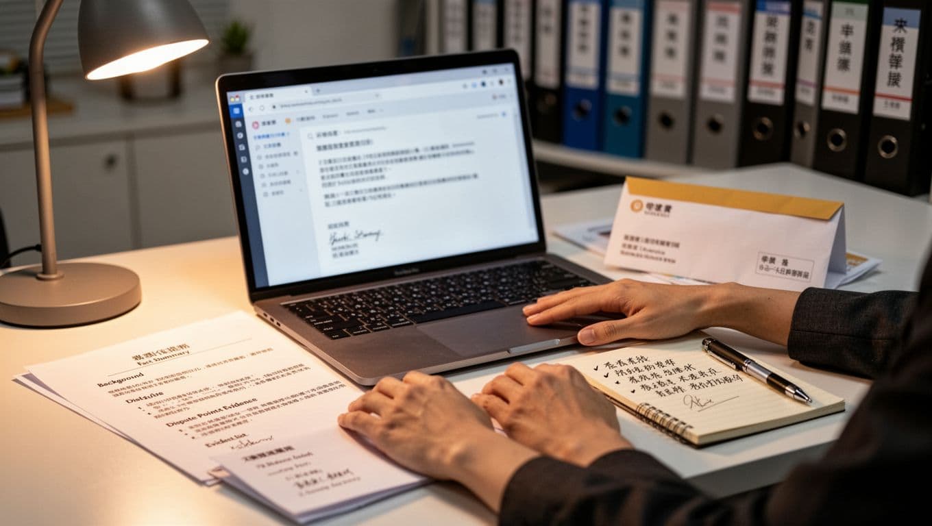 Realistic close-up photo of a modern office desk under warm lamp light, featuring an open laptop with a blurred screen drafting a formal fact summary letter, nearby printed letter draft with structured sections, ready envelope, pen, notepad with bullet points, and two hands resting naturally near the keyboard in a blurred background of file folders, evoking a professional Taiwanese office with Traditional Chinese on visible papers.