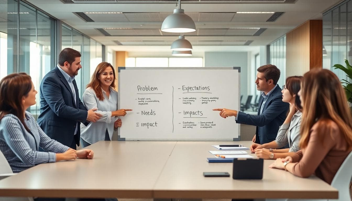 團隊在會議室中進行結構化溝通,桌上有 whiteboard 記錄框架,氛圍專注而協作。 Image generated by AI