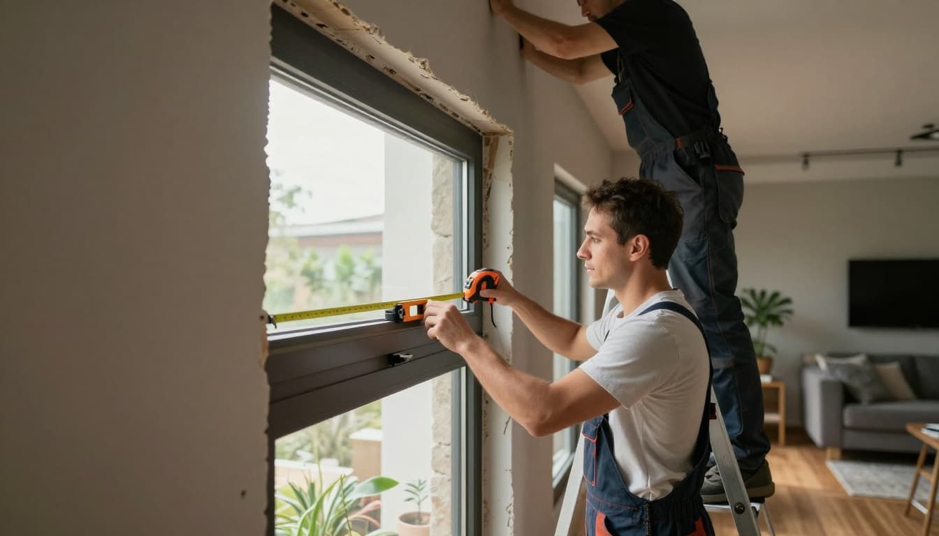 A professional installer on a ladder carefully measures an irregular stone window edge in a modern living room using a tape measure and level, with natural daylight, wooden floors, and plants.