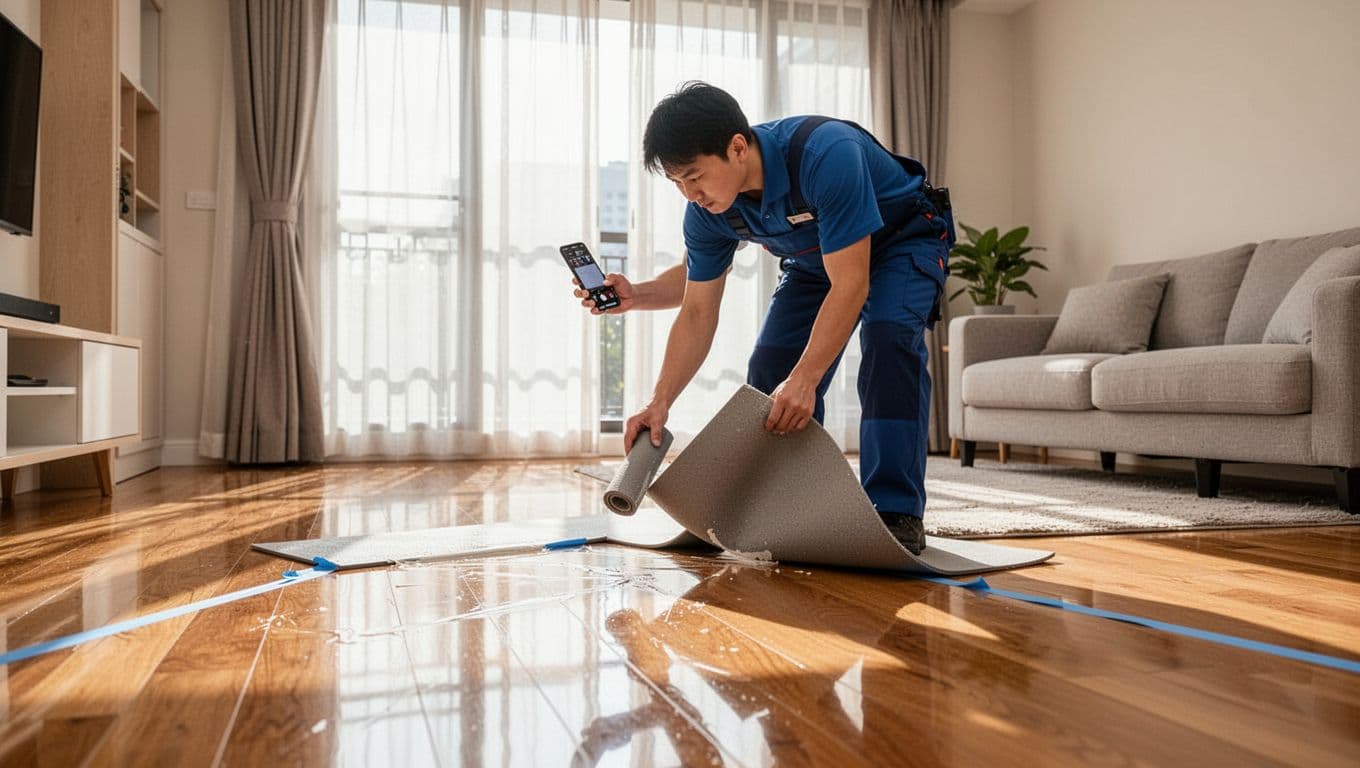 A professional worker stands in a bright living room, carefully removing floor protection pads and corner tape while inspecting the shiny, residue-free floor and taking a photo with his phone for before-after comparison. The background shows new curtains in a neat home with warm natural light.