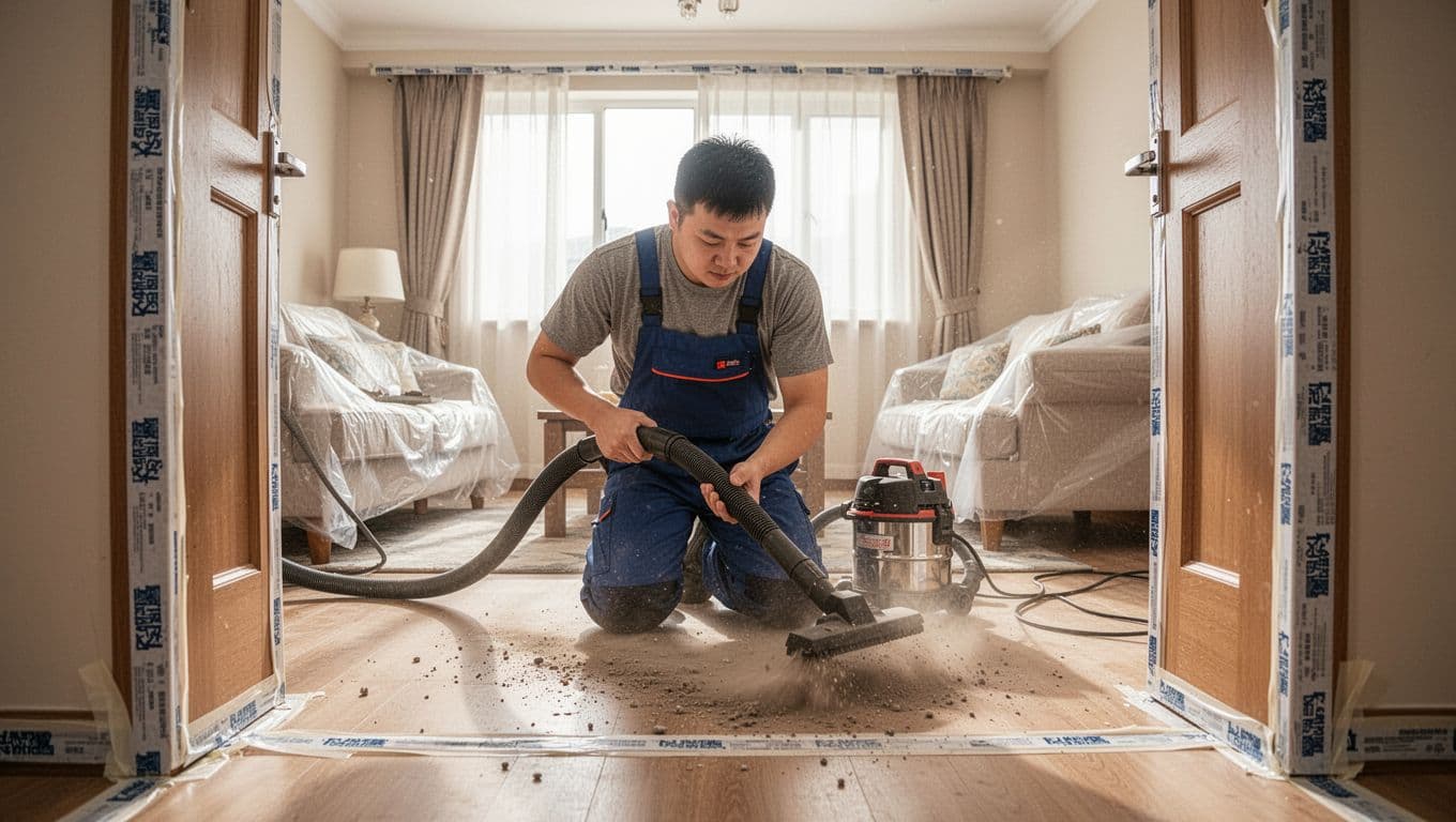 A worker kneels on the bright living room floor, using a powerful vacuum cleaner to instantly remove dust and debris from curtain installation, with doorways sealed to prevent spread and furniture protected in the background.