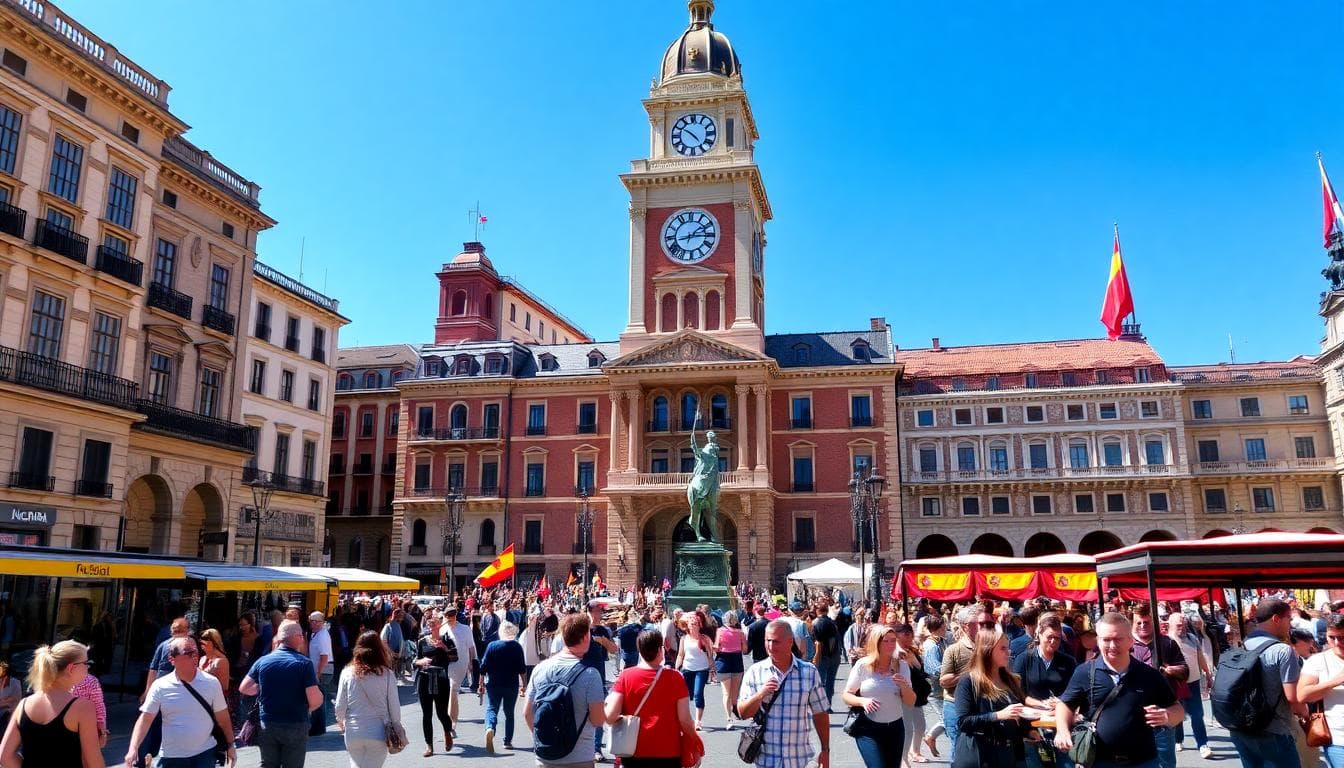 A bustling daytime scene at Puerta del Sol in Madrid with people shopping and street activity