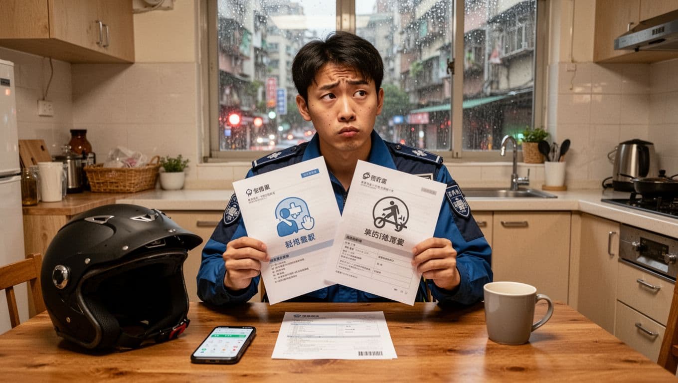 A young Taiwanese male delivery rider in uniform sits puzzled at a wooden kitchen table in a small Taipei apartment, holding overlapping insurance policy papers featuring icons for medical claims and accident coverage, surrounded by scooter helmet, delivery app phone, and coffee mug, with rainy urban street view through window.