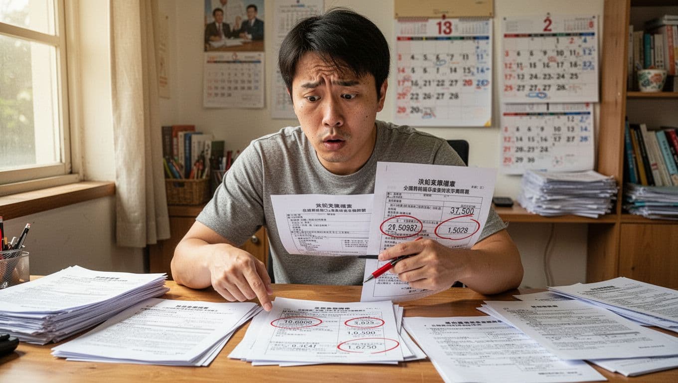 工會加保最怕的3件事:雙邊加保、欠費、資料不一致 A puzzled Taiwanese freelancer in a home office points at mismatched salary figures and dates circled in red pen on labor insurance documents scattered on the desk. Background includes a calendar and union paperwork under natural daylight with warm tones, high detail on confused expression.