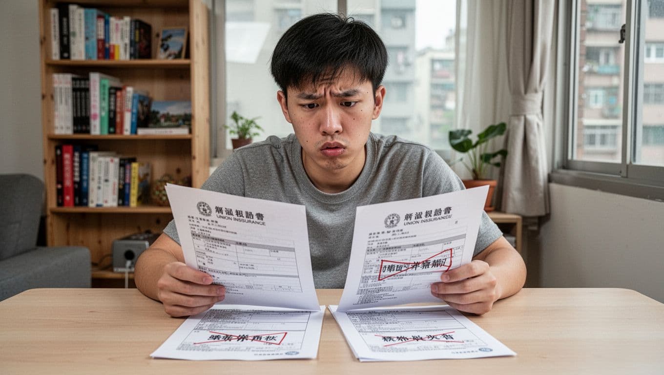A young Taiwanese male freelancer in casual clothes sits puzzled in a simple home office, reviewing union insurance papers with a vaguely crossed-out company name on the table.