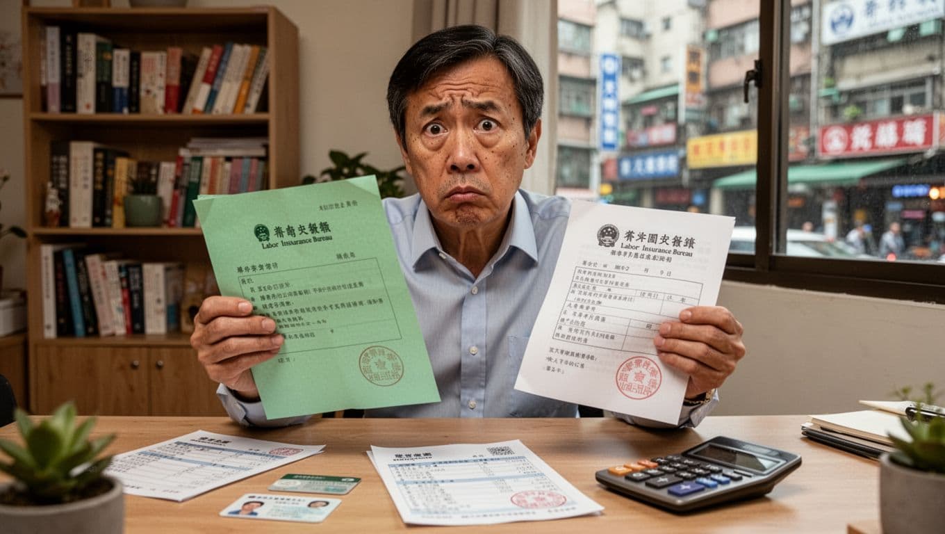 勞保局查核來信長什麼樣?收到後怎麼做完整指南 A realistic photorealistic image of a middle-aged Taiwanese office worker looking puzzled at his home desk, holding Labor Insurance Bureau letter and union insurance notice amid scattered documents.