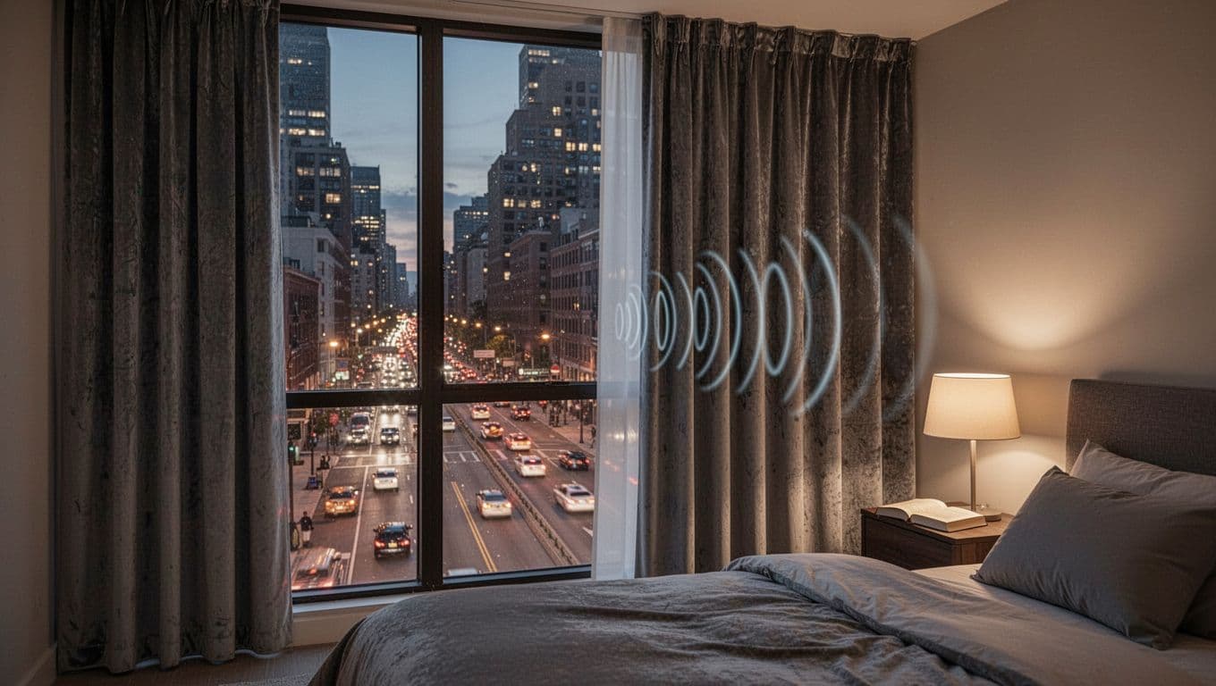 Quiet urban apartment bedroom during evening featuring double-layered soundproof curtains of plush velvet over floor-to-ceiling windows blocking noisy street traffic below, with a relaxed atmosphere, book on nightstand, and dim lamp light.