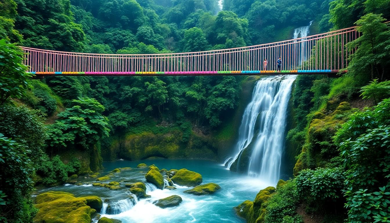雙龍瀑布七彩吊橋的瀑布奇觀