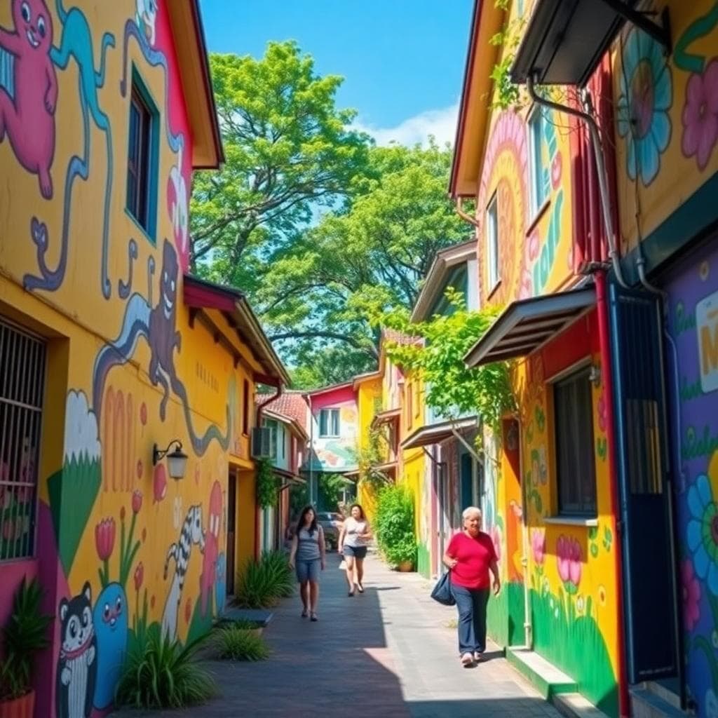 A vibrant and colorful scene of Rainbow Village in Taichung, Taiwan, during a sunny afternoon, showcasing the famous hand-painted murals on the walls of old military dependents' village houses, featuring whimsical characters, animals, flowers, and abstract patterns in bright rainbow hues of red, yellow, blue, green, and purple, narrow alleyways lined with these artistic walls, a few visitors walking and taking photos, lush green trees and plants in the background, lively and joyful atmosphere, photorealistic style, high detail, no people in focus but some in the distance, natural sunlight casting soft shadows.