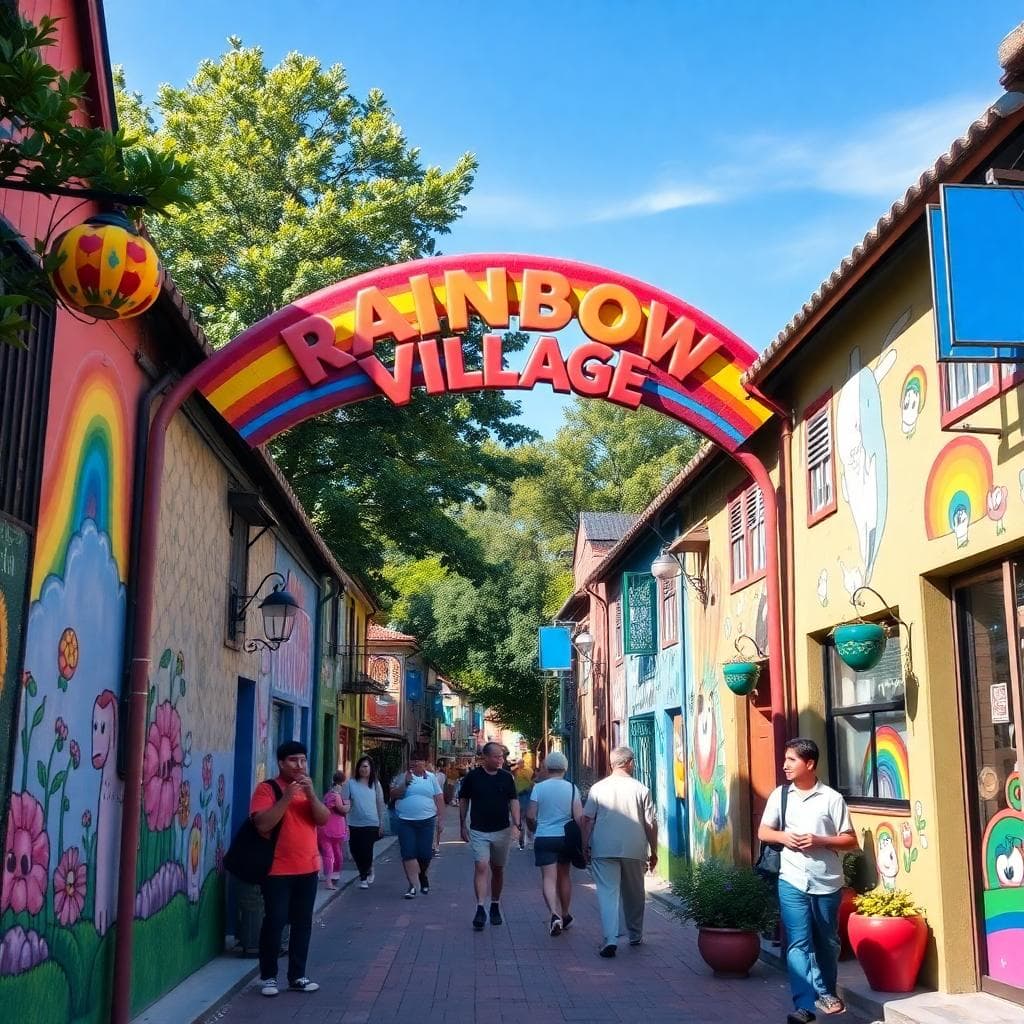 A vibrant and colorful scene of Rainbow Village in Taichung, Taiwan, during the afternoon sunlight. Show narrow alleys lined with whimsical hand-painted murals in bright rainbow colors, featuring cartoon animals, flowers, and playful characters on old village houses. Include the entrance archway with rainbow decorations in the foreground, people walking and taking photos in the background, lush green trees around, realistic style, high detail, no text or watermarks, square aspect ratio.