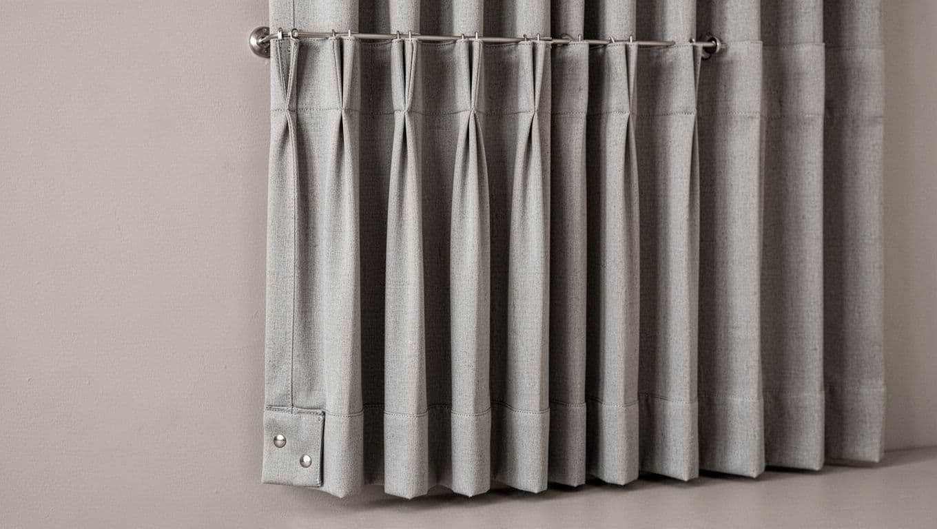 訂製窗簾想簡約?避開俗氣褶子的實用訣竅 High-quality pleated curtain hanging straight with even hook spacing, precise pleats, clean vertical lines, weighted hem, and flawless stitching under soft lighting on neutral background.