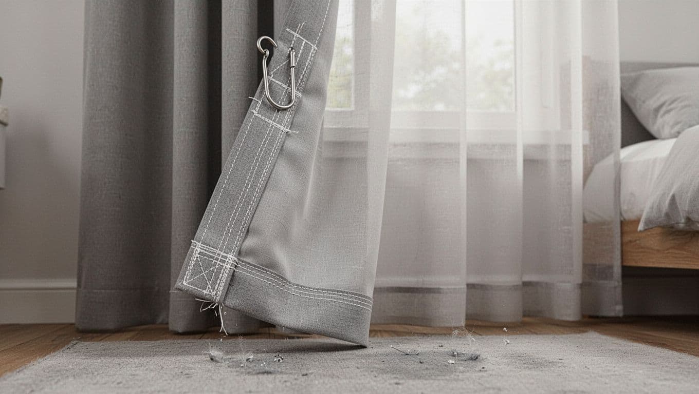 Close-up of a single hanging curtain in soft bedroom lighting, highlighting reinforced top hook area with extra stitching, double-stitched side edges, and wear-resistant bottom hem for durable, bulk-free strength with clean flat corners and no fraying.