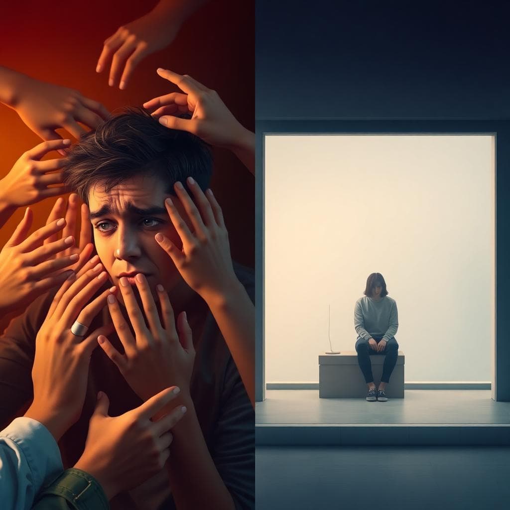 關係不平衡的分裂場景,左側顯示疲憊的人被伸手要求包圍,右側顯示孤獨的人隔著透明牆無法連結