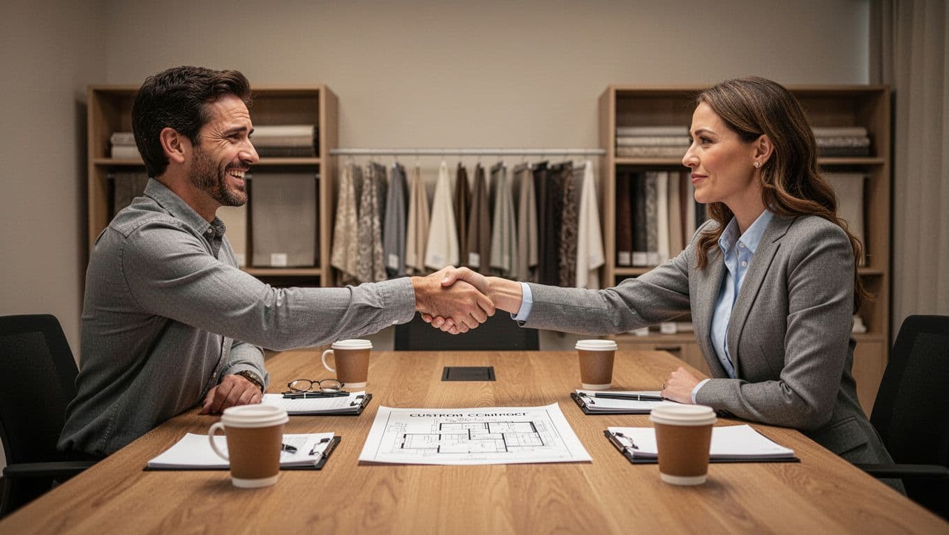 訂製窗簾合約要寫什麼?尺寸材質時間全條款,避免爭議 Photorealistic scene of a man and woman in business casual shaking hands across a wooden conference table after resolving a dispute, featuring a custom curtain contract, coffee cups, and notepads amid soft office lighting and fabric swatch shelves.