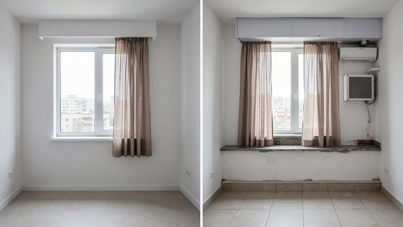 Split-view realistic image showing home renovation effects on curtain fit around a window: left half original plain sill and flat floor, right half raised floor, thickened sill, protruding duct box, and added curtain box.