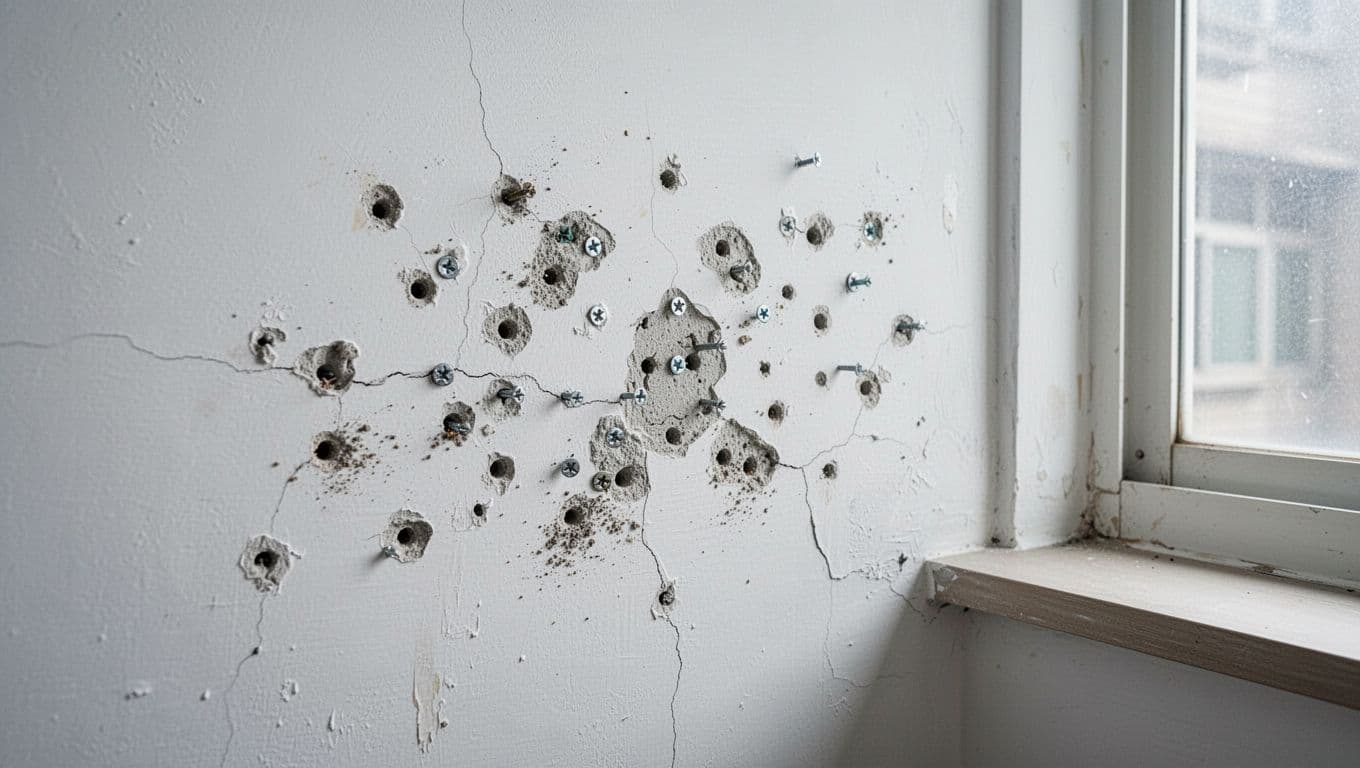 Photorealistic close-up of a white painted wall in a Taiwanese rental home damaged by clusters of 20-30 small nail and screw holes from over-dense curtain track installation, featuring plaster dust, minor cracks, and paint chips under harsh fluorescent light.
