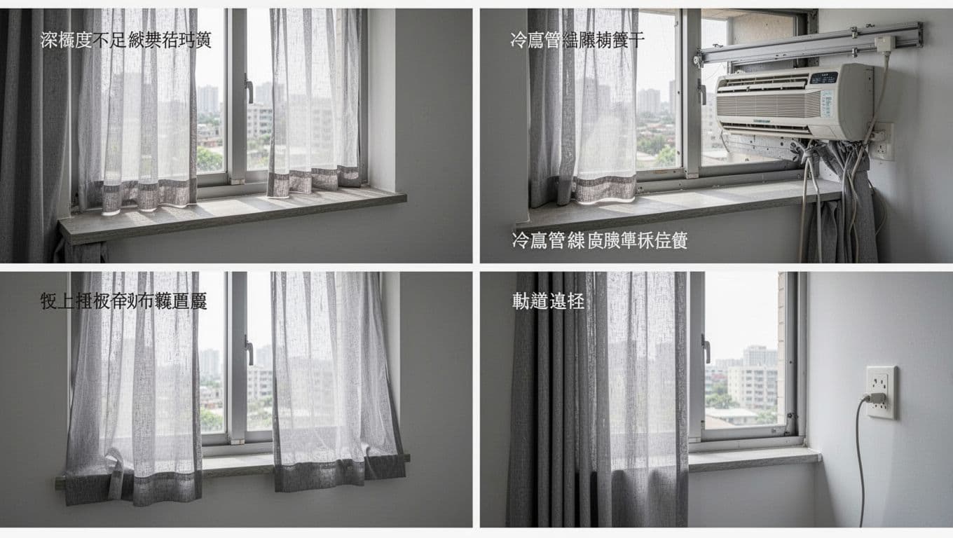 Photorealistic detail diagram divided into four sections illustrating common curtain problems: insufficient window frame depth for sheer curtains, protruding sill hitting curtain hem, AC pipe box blocking track, and wall socket covered by fabric. Gray-white tones, natural daylight, renovation-style empty windows, landscape orientation.